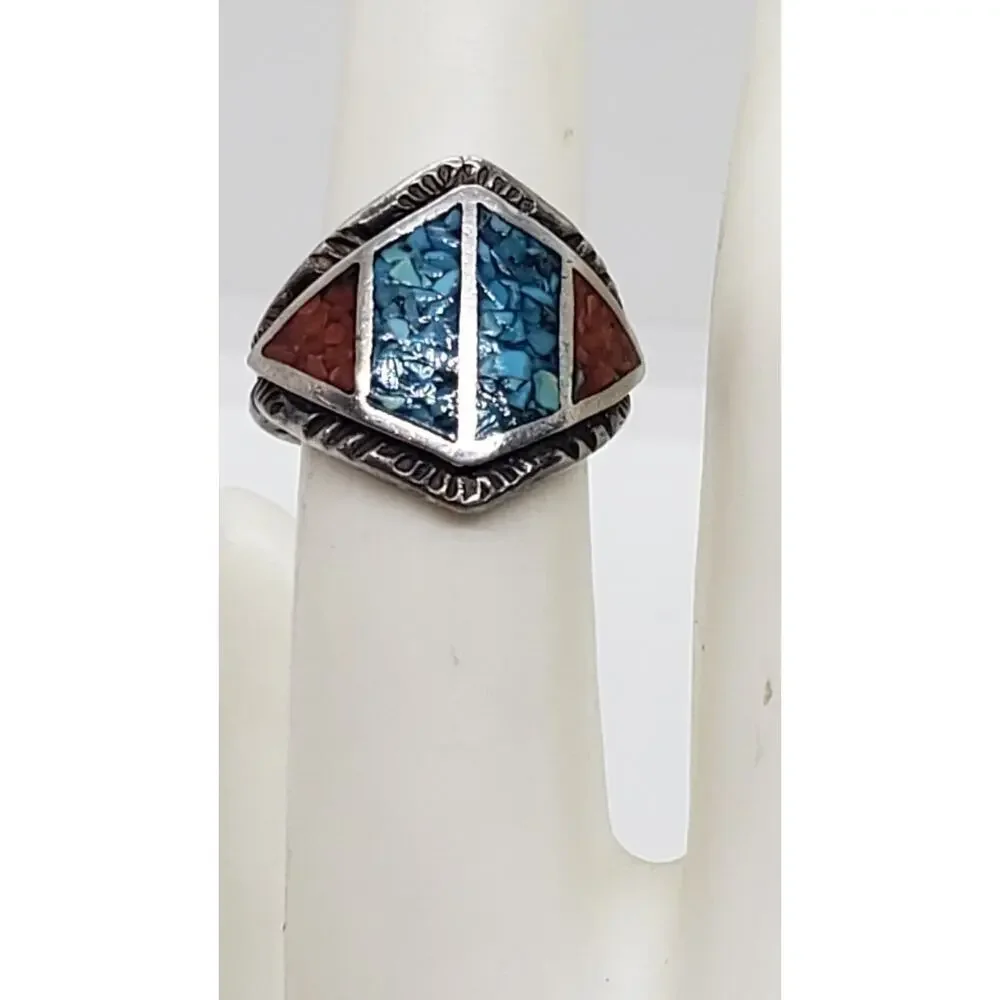 Vintage Native American Navajo Turquoise Coral Inlay Sterling Silver Ring 5.75